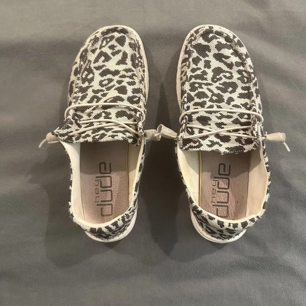 Hey Dude Wendy Woven Cheetah Grey Slip On Casual Loafer Shoes Womens 9 AOP